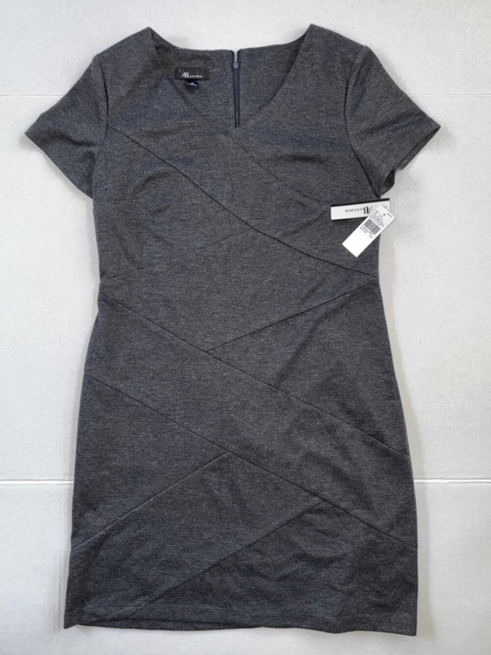 AB Studio Gray Diagonal Seam Knit Sheath Dress Zipper Bodycon Workwear Size 14
